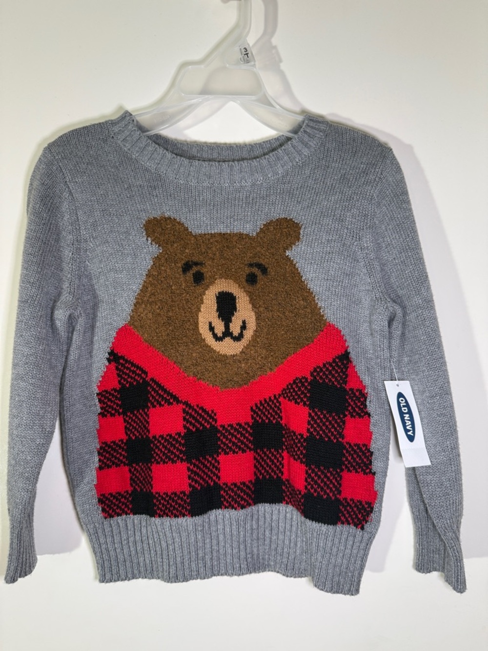 Old Navy Gray Sweater with Brown Bear and Red Plaid